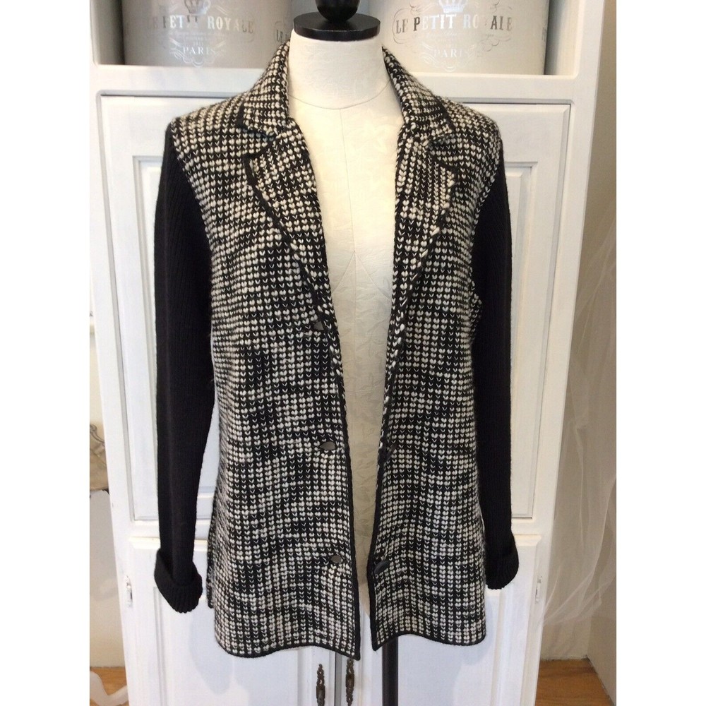 COCOGIO Cardigan Sweater Black White Wool Chunky Knit Blazer NEW Size Large